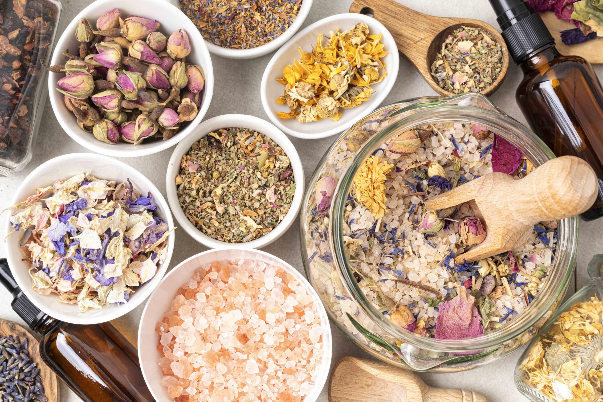 Botanical blends, salt, herbs, essencial oils for naturopathy and phytotherapy